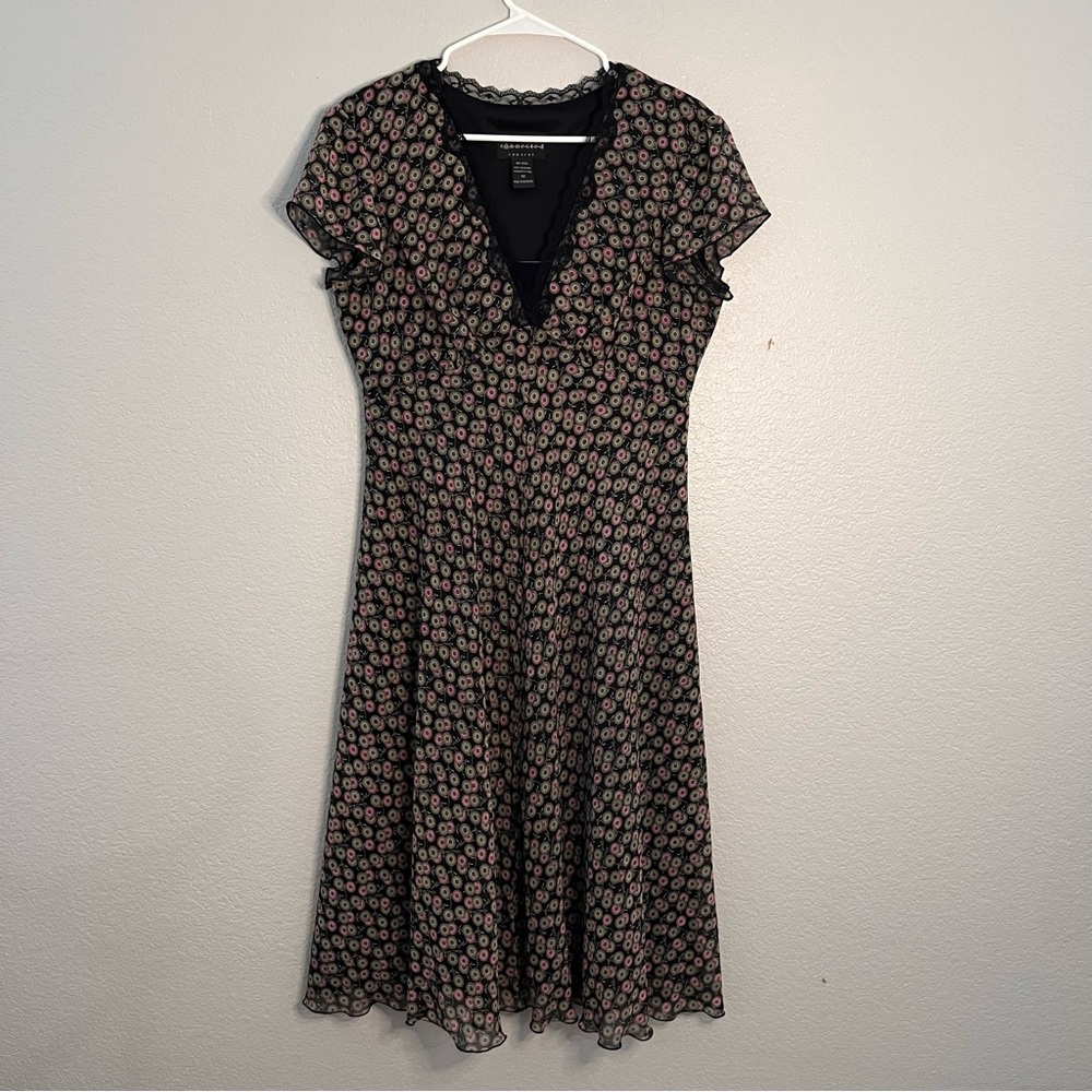 Connected Apparel Black and Pink Floral Midi Dress size 12
